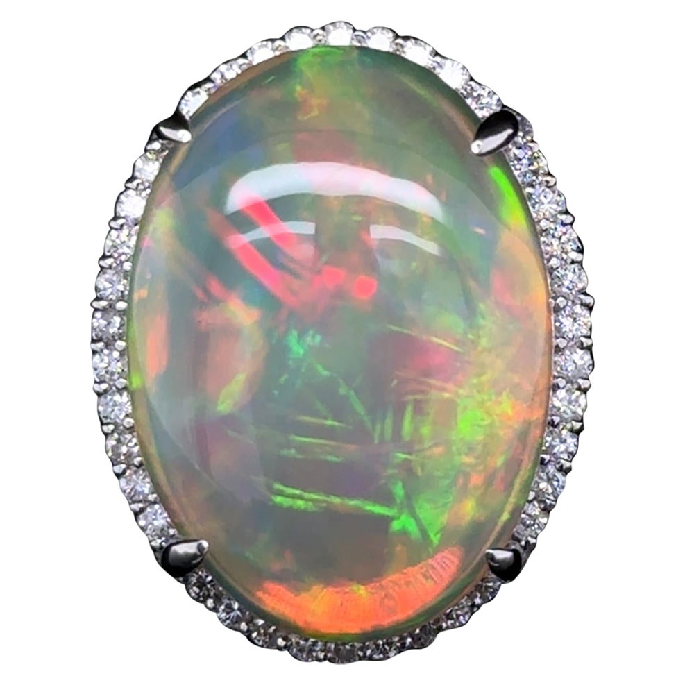 29.48 Carat Crystal Opal and Diamond Platinum Solitaire Vintage Cocktail Ring
