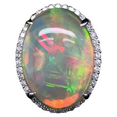 29.48 Carat Crystal Opal and Diamond Platinum Solitaire Vintage Cocktail Ring