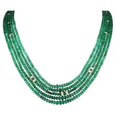 294ct 14K Natural Emerald Rondelle Five Strand Necklace Medium Green Beads