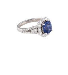 2.94 Carat Blue Sapphire Cushion Cut GIA & Diamond Cocktail Ring 14K White Gold