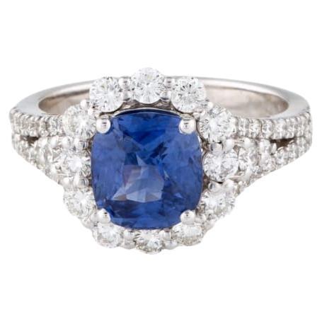 2.94 Carat Blue Sapphire Cushion Cut GIA & Diamond Cocktail Ring 14K White Gold
