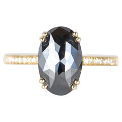 2.94ct Elongated Oval Black Diamond Pave Band 14K Gold Engagement Ring R6307
