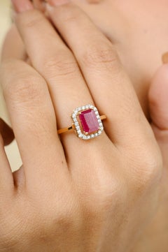 2.95 Carat Authentic Ruby Diamond Halo Engagement Ring in 18k Solid Yellow Gold