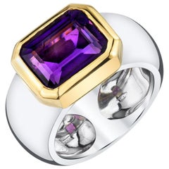 2.95 Carat Bezel Set Amethyst in Wide 18k Gold Band Ring 