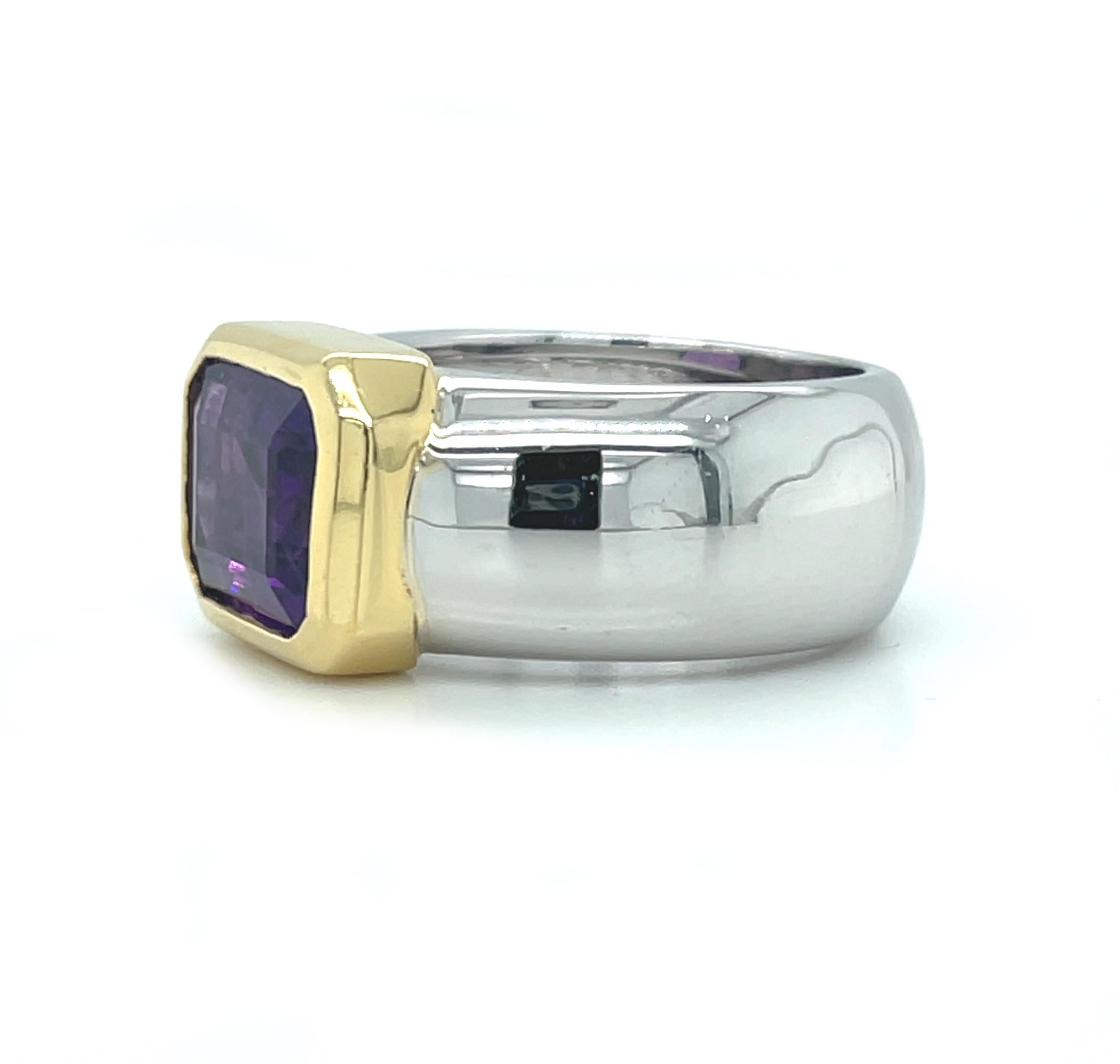Artisan 2.95 Carat Bezel Set Amethyst in Wide 18k Gold Band Ring  For Sale