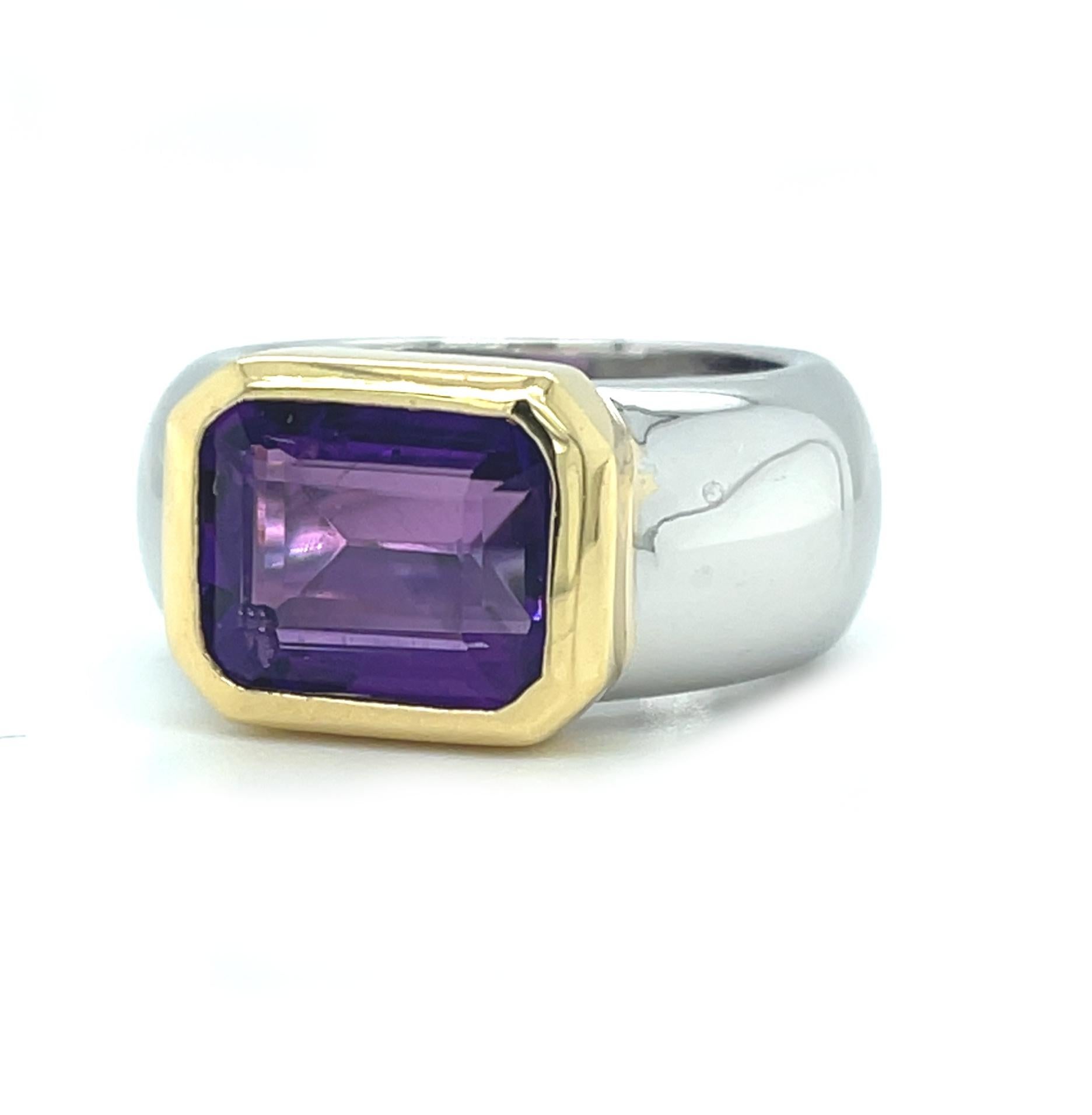 Emerald Cut 2.95 Carat Bezel Set Amethyst in Wide 18k Gold Band Ring  For Sale