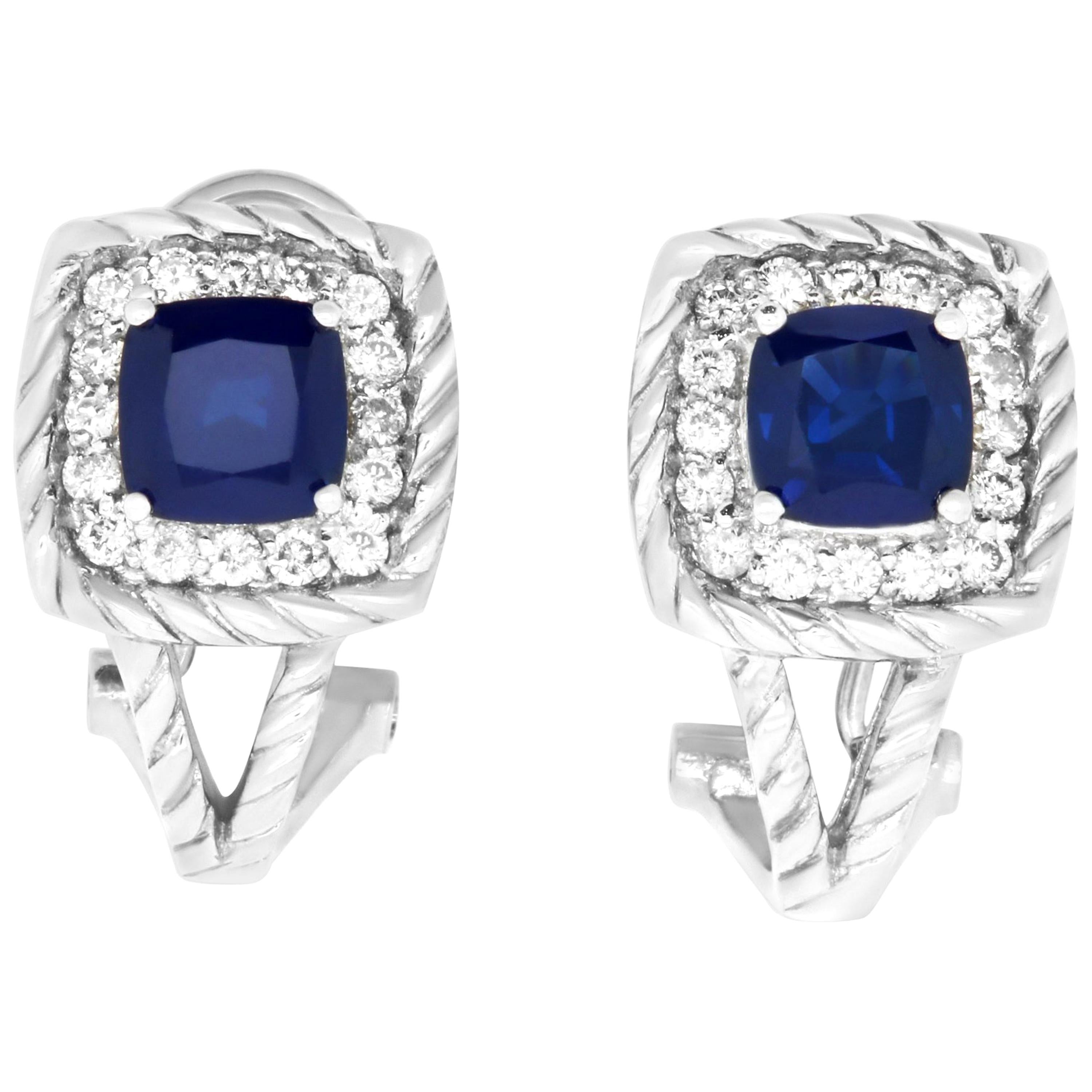 2.95 Carat Cushion Cut Blue Sapphire and .55 Carat Diamond Earrings