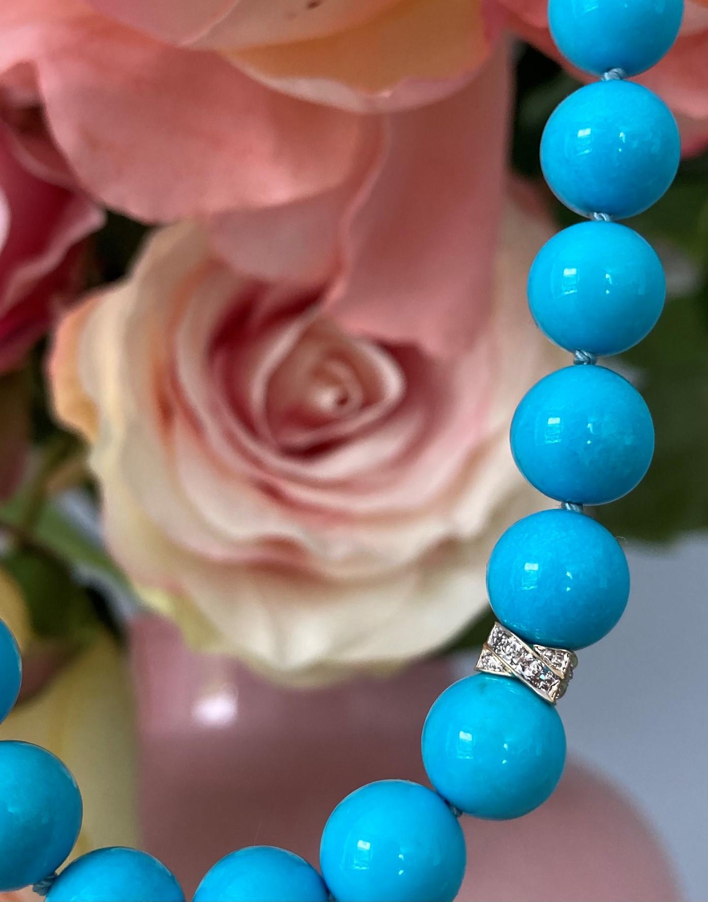 A regal Sleeping Beauty Turquoise large beaded 20 inch long necklace with extremely rare and finest quality Sleeping Beauty Turquoises in an exceptional large size. Finished with sparkling diamonds and a regal solid gold clasp. These large