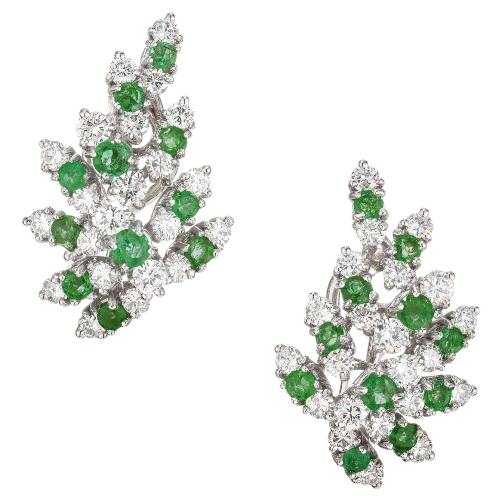 2.95 Carat Diamond Emerald Platinum 14k White Gold Ear Climber Earrings
