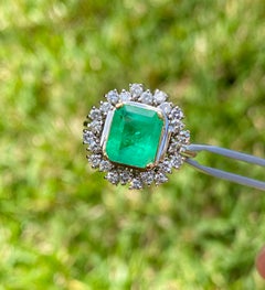 2.95 Carat Emerald-Cut Colombian Emerald, Diamond and 14 Karat White Gold Ring