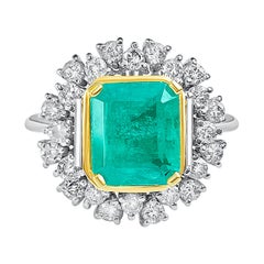 2.95 Carat Emerald-Cut Colombian Emerald, Diamond and 14 Karat White Gold Ring
