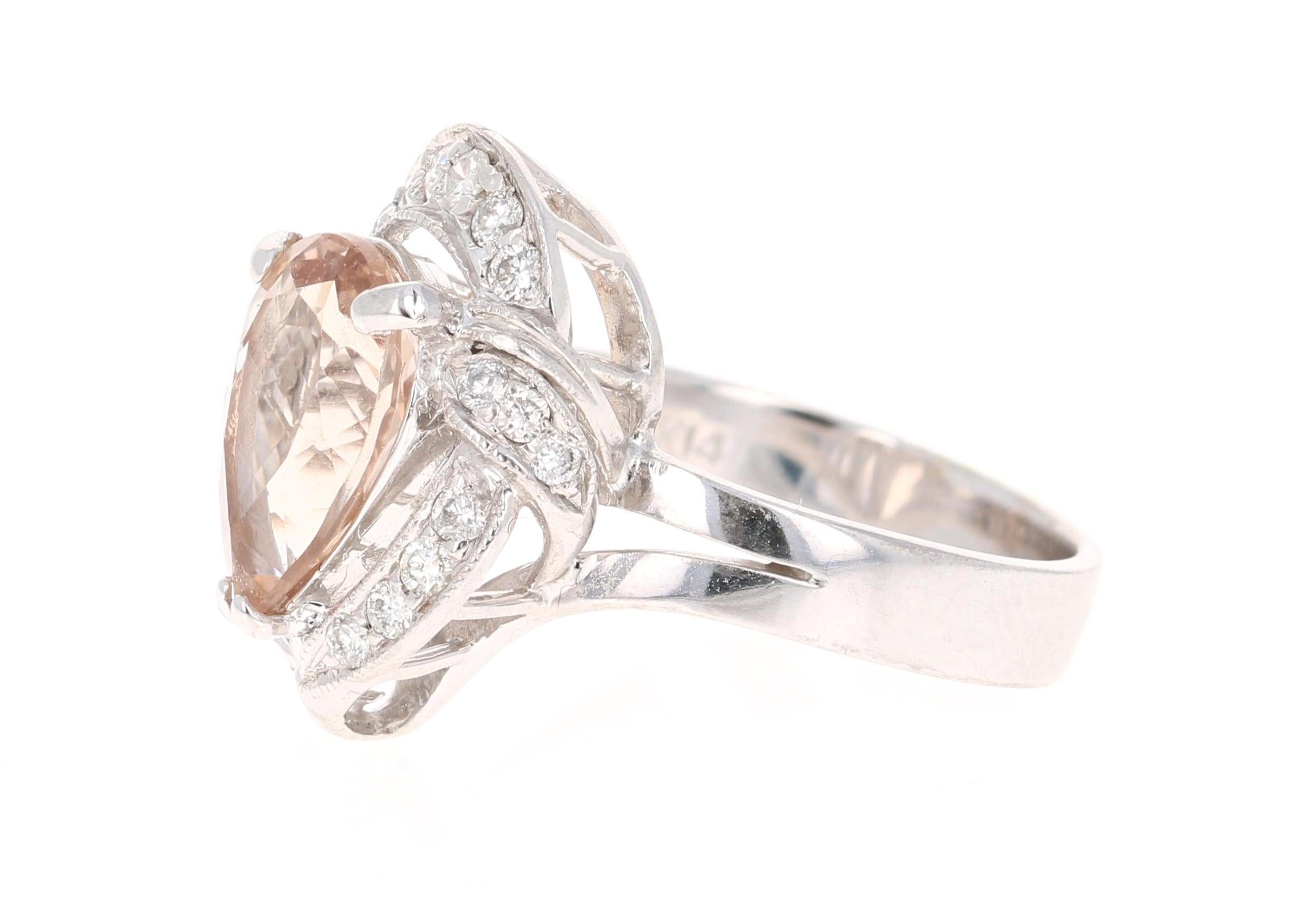 Modern 2.95 Carat Morganite Diamond 14 Karat White Gold Cocktail Ring