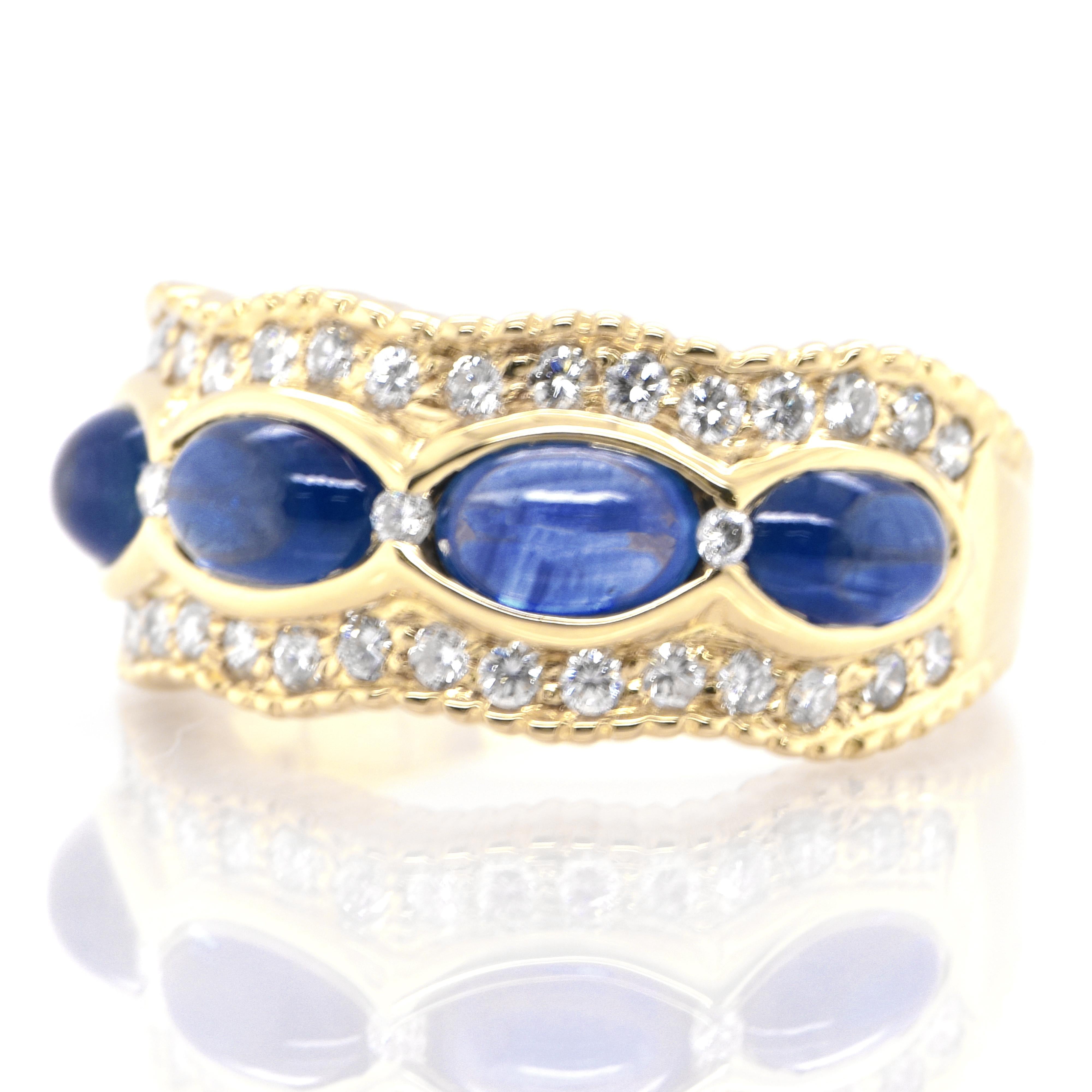 A beautiful half eternity band ring featuring 2.95 Carats Natural Cabochon Sapphires and 0.47 Carats Diamond Accents set in 18K Yellow Gold. Sapphires have extraordinary durability - they excel in hardness as well as toughness and durability making