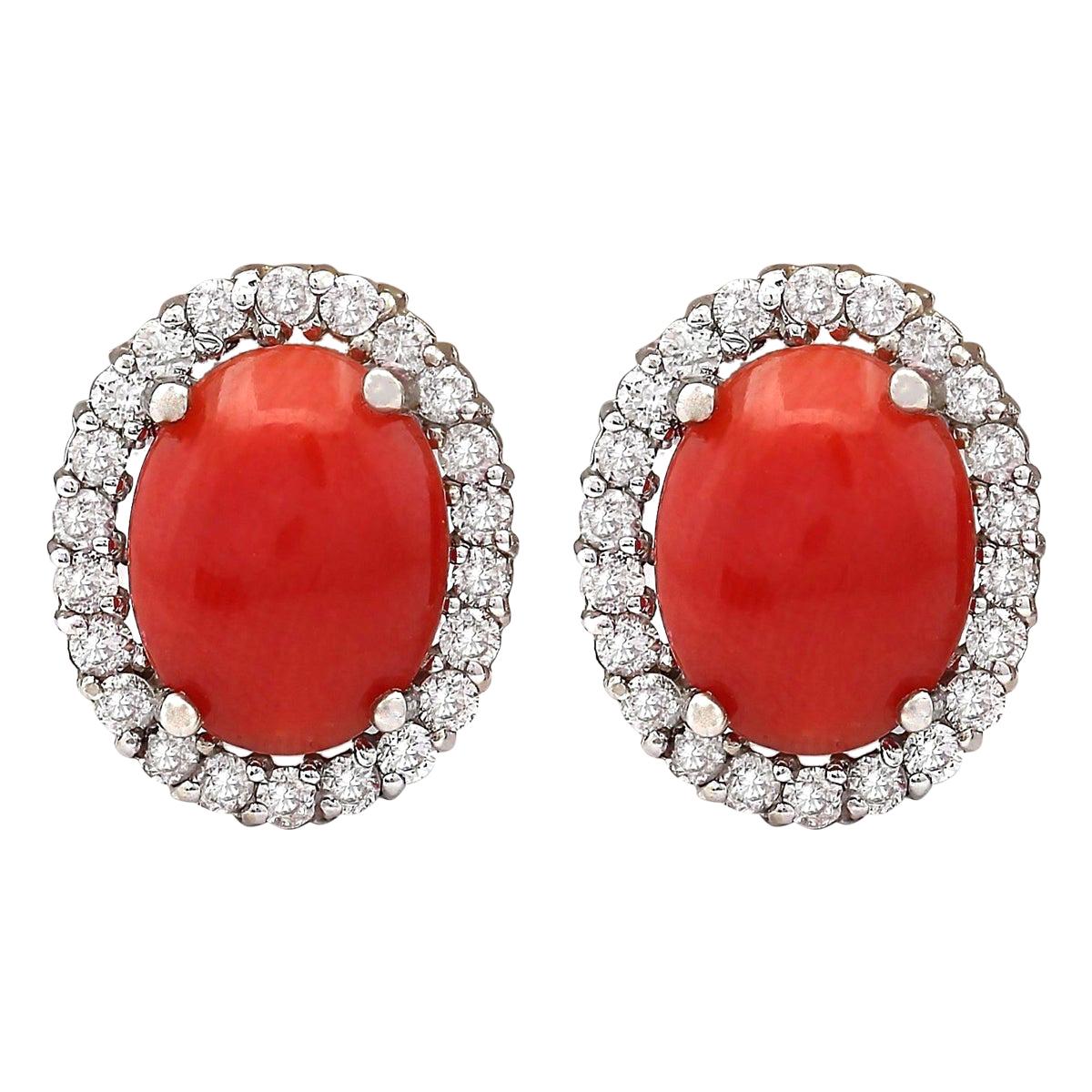 Coral Diamond Earrings In 14 Karat White Gold For Sale