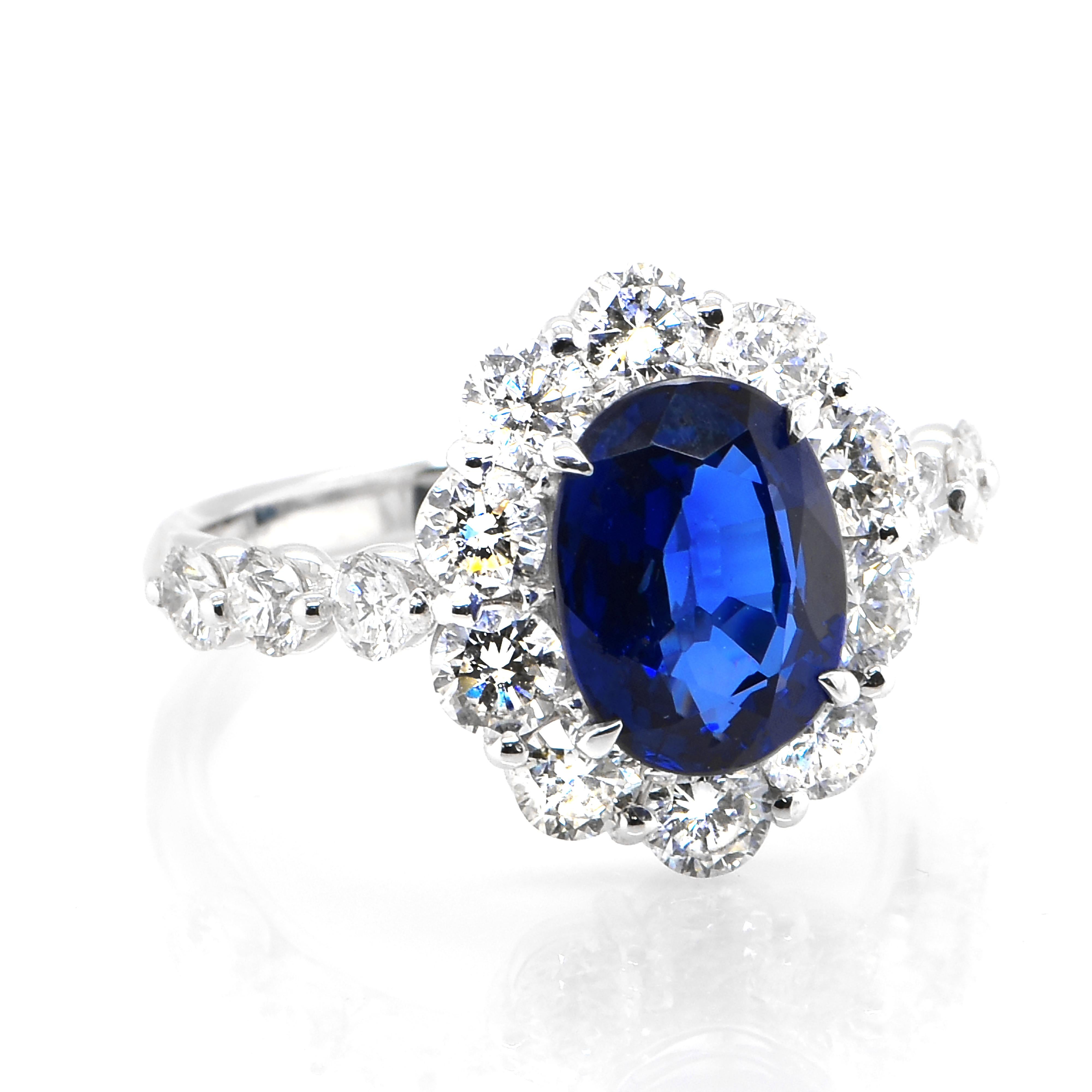 A beautiful ring featuring 2.95 Carat Natural Royal Blue Sapphire and 1.80 Carats Diamond Accents set in Platinum. Sapphires have extraordinary durability - they excel in hardness as well as toughness and durability making them very popular in