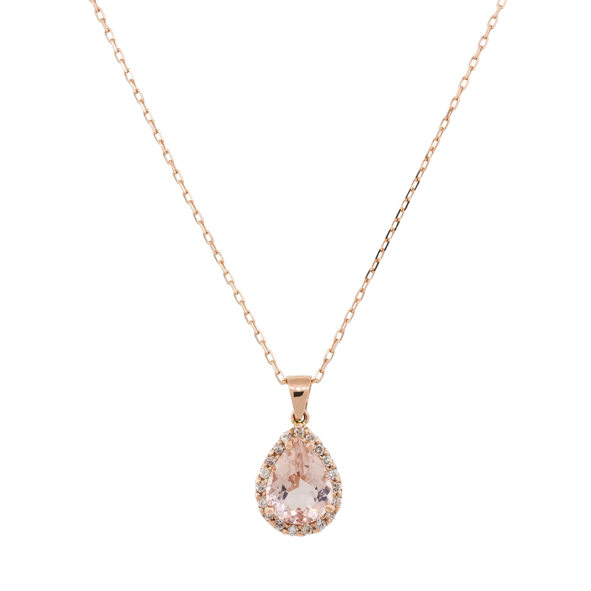 Material: 14k Rose Gold
Diamond Details: Approx. 0.28ctw of round cut Diamonds. Diamonds are G/H in color and VS in clarity
Gemstone Details: Approx. 2.95ctw pear shape Morganite gemstone
Clasps: Lobster clasp
Total Weight: 4.3g (2.8dwt)
Pendant