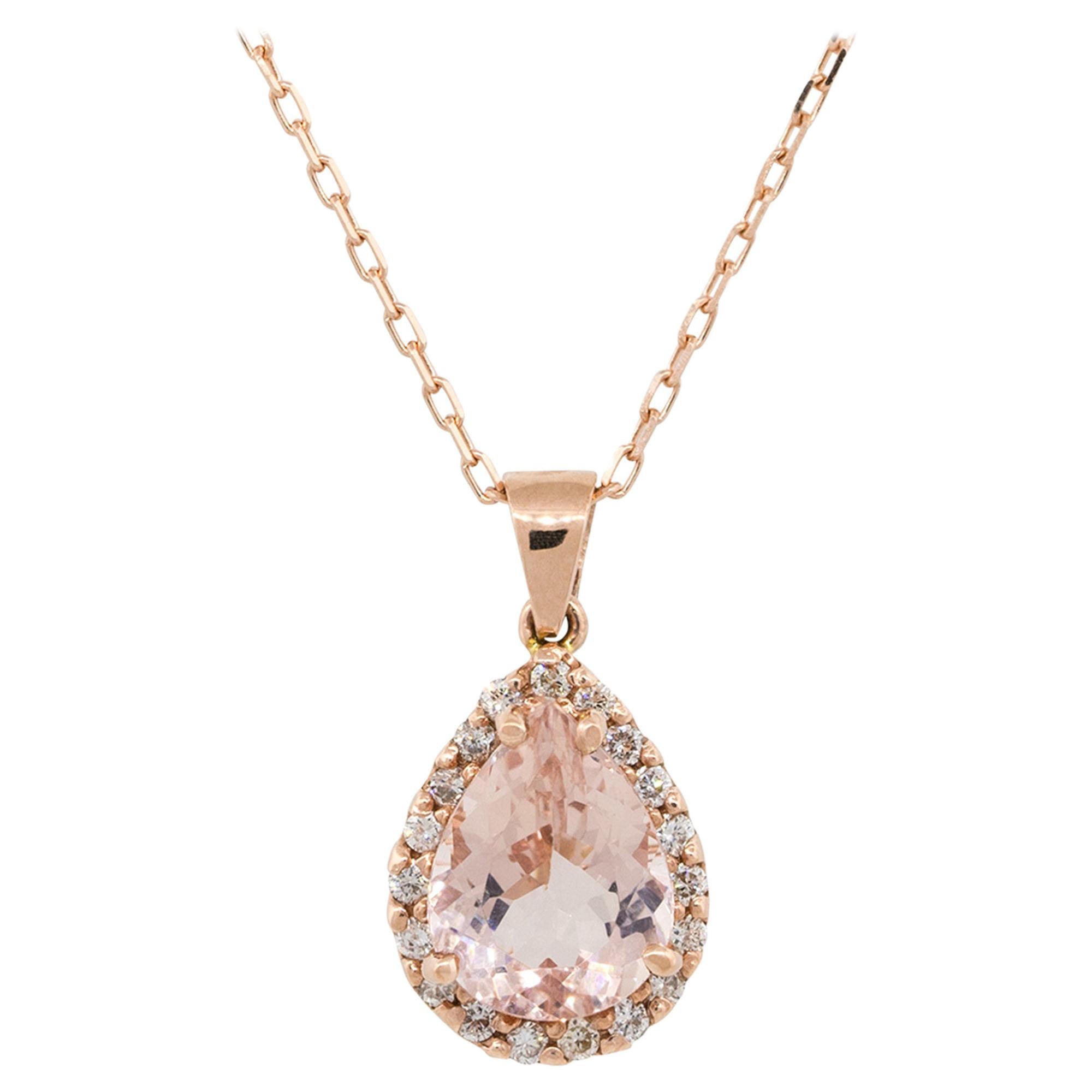 2.95 Carat Pear Shape Morganite Pendant Necklace with Diamonds 14 Karat in Stock