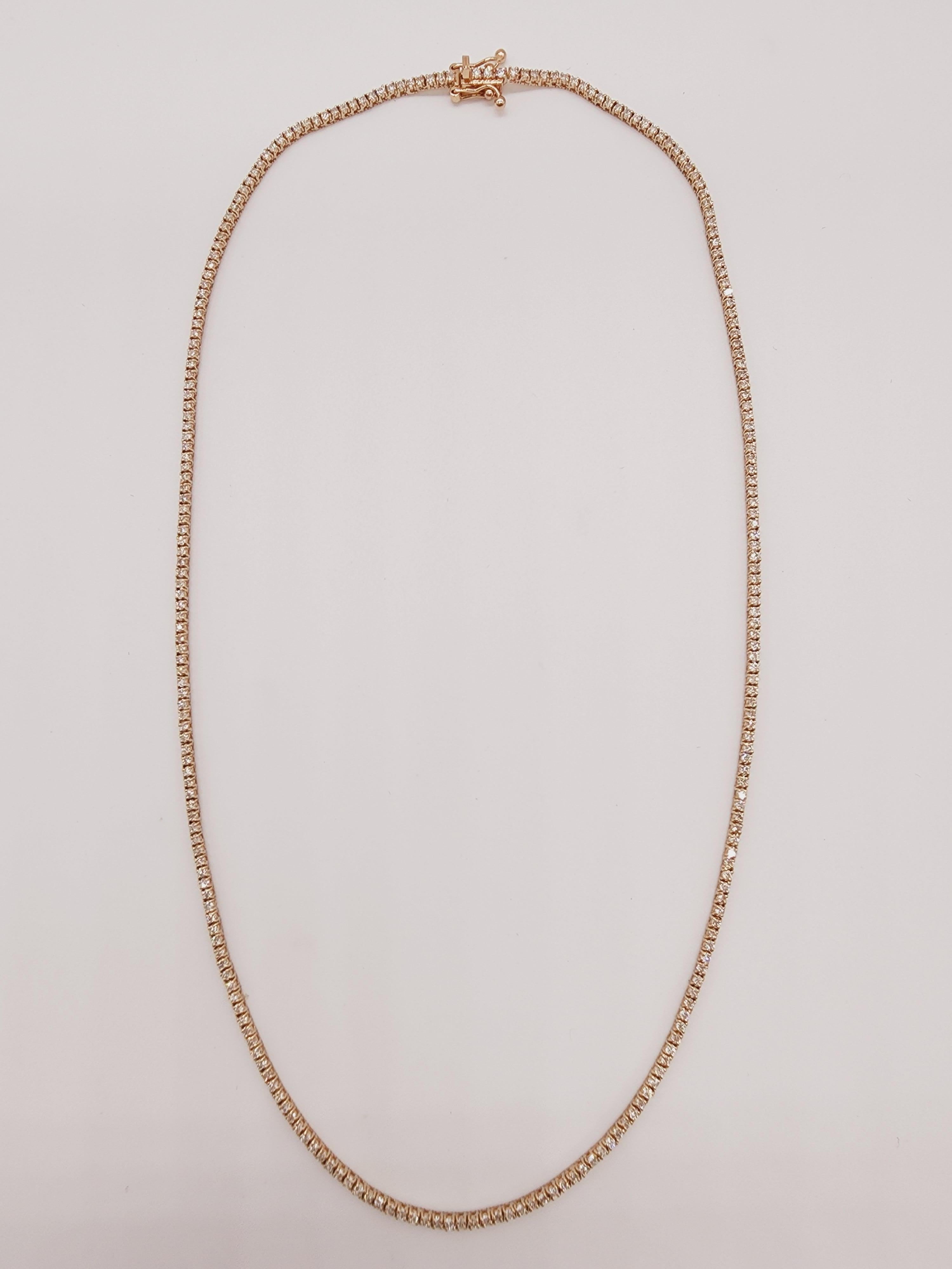 Round Cut 2.99 Carat Round Brilliant Cut Diamond Tennis Necklace 14 Karat Rose Gold 17''