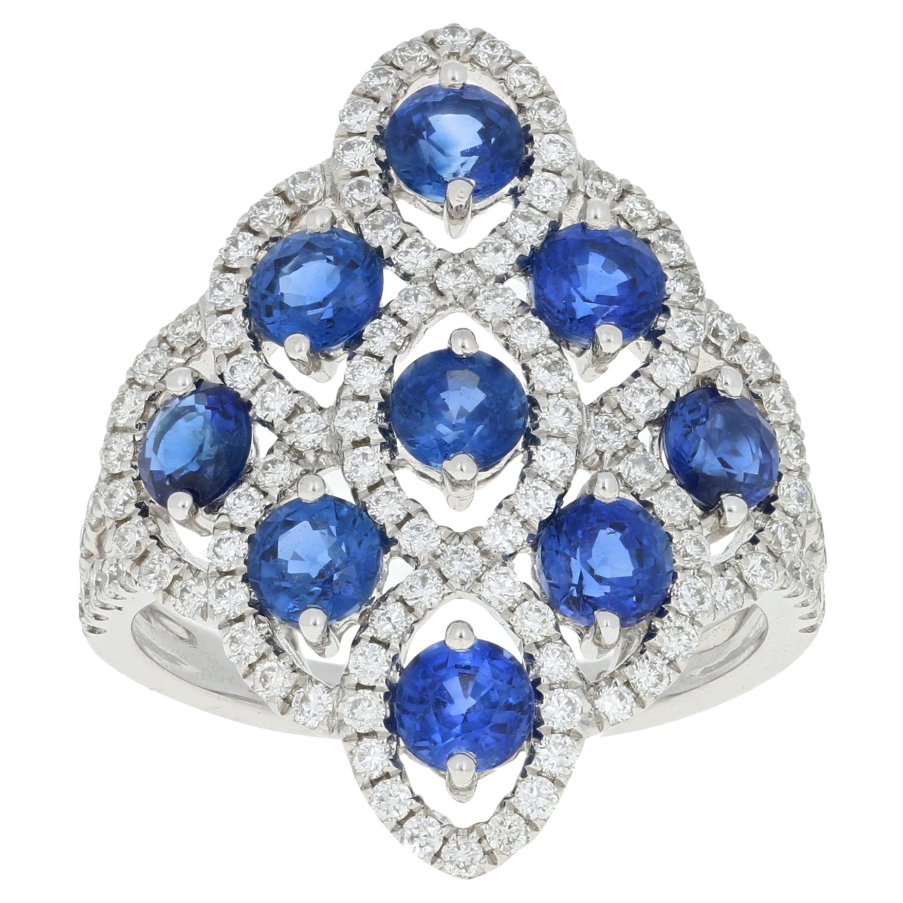 2.95 Carat Round Cut Sapphire and Diamond Ring 14 Karat White Gold Halo-Inspired