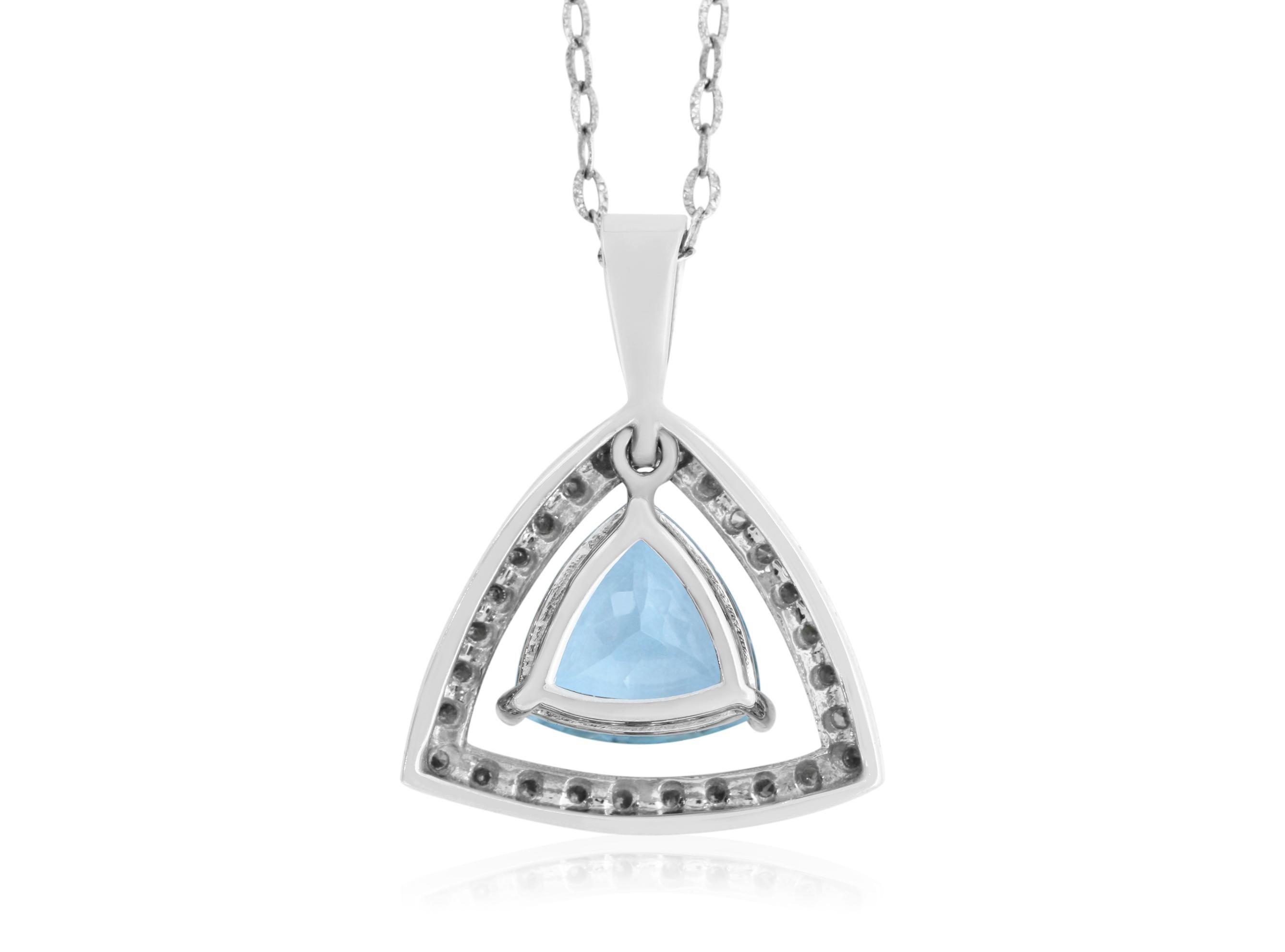 This unique pendant features a dangling trillion aquamarine center stone!

Material: 14k White Gold 
Gemstone:  2.95 Carat Trillion Cut Aquamarine Pendant measuring 10x10 mm
Diamond:  27 Round Diamonds at 0.54 Carats.  SI Quality /  H-I Color
Chain: