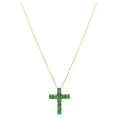 2.95 Carat Tsavorite 18K Yellow Gold Cross Pendant Necklace