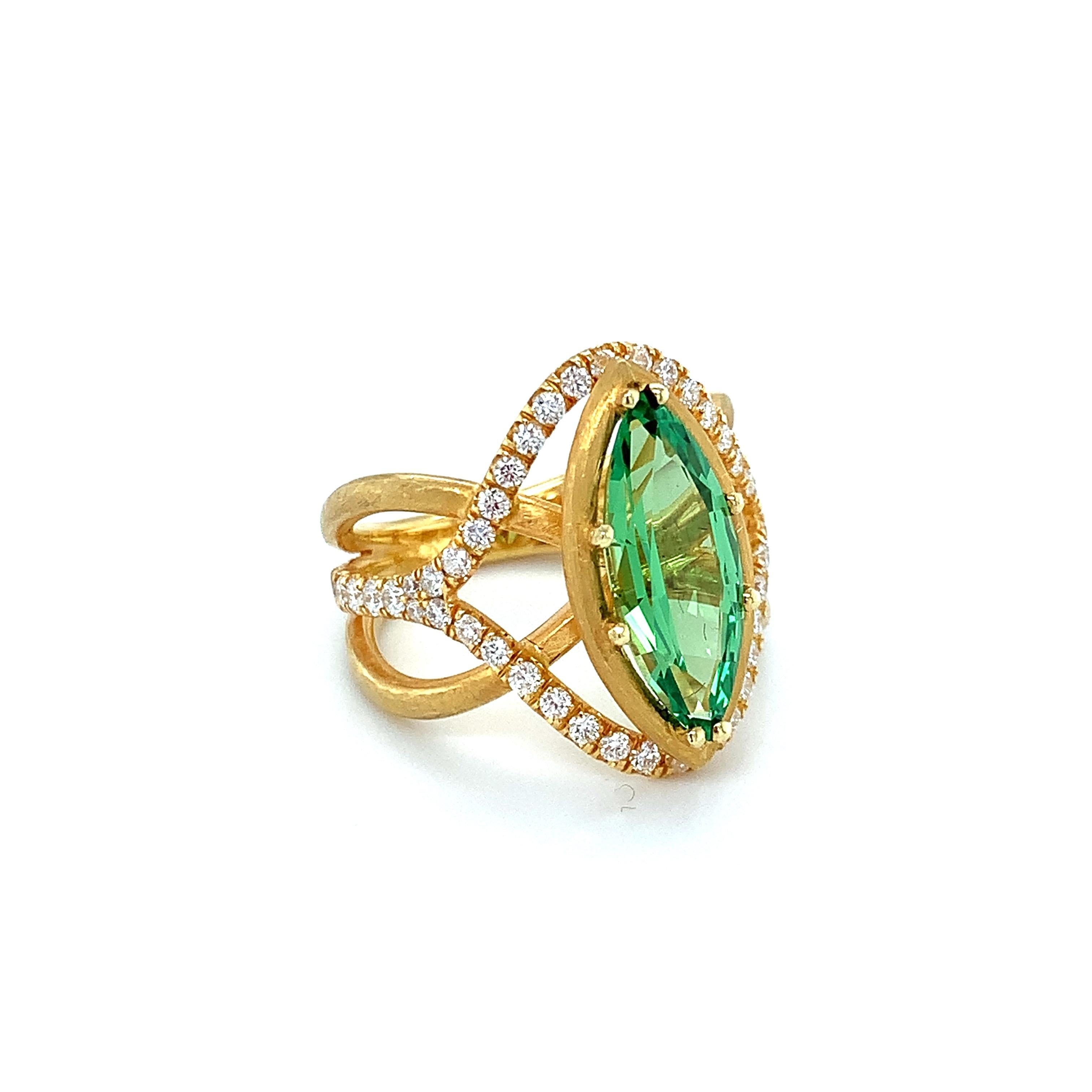 Marquise Cut Tsavorite Garnet and Diamond Cocktail Ring in Yellow Gold, 2.95 Carats For Sale