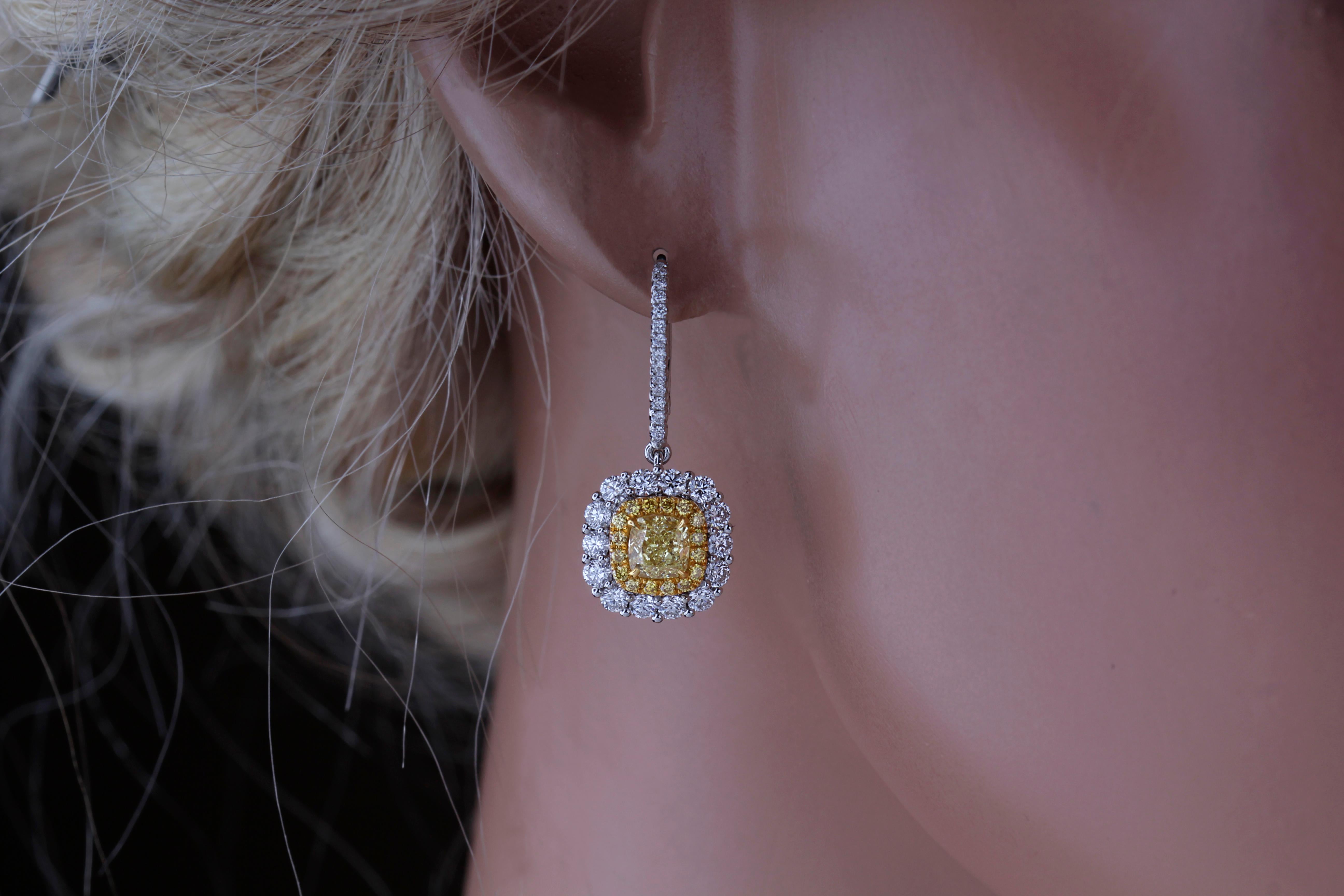 Women's 2.95 Carat T.W. Yellow/White Diamond Earrings, with 1.4ct GIA centers ref1163 For Sale