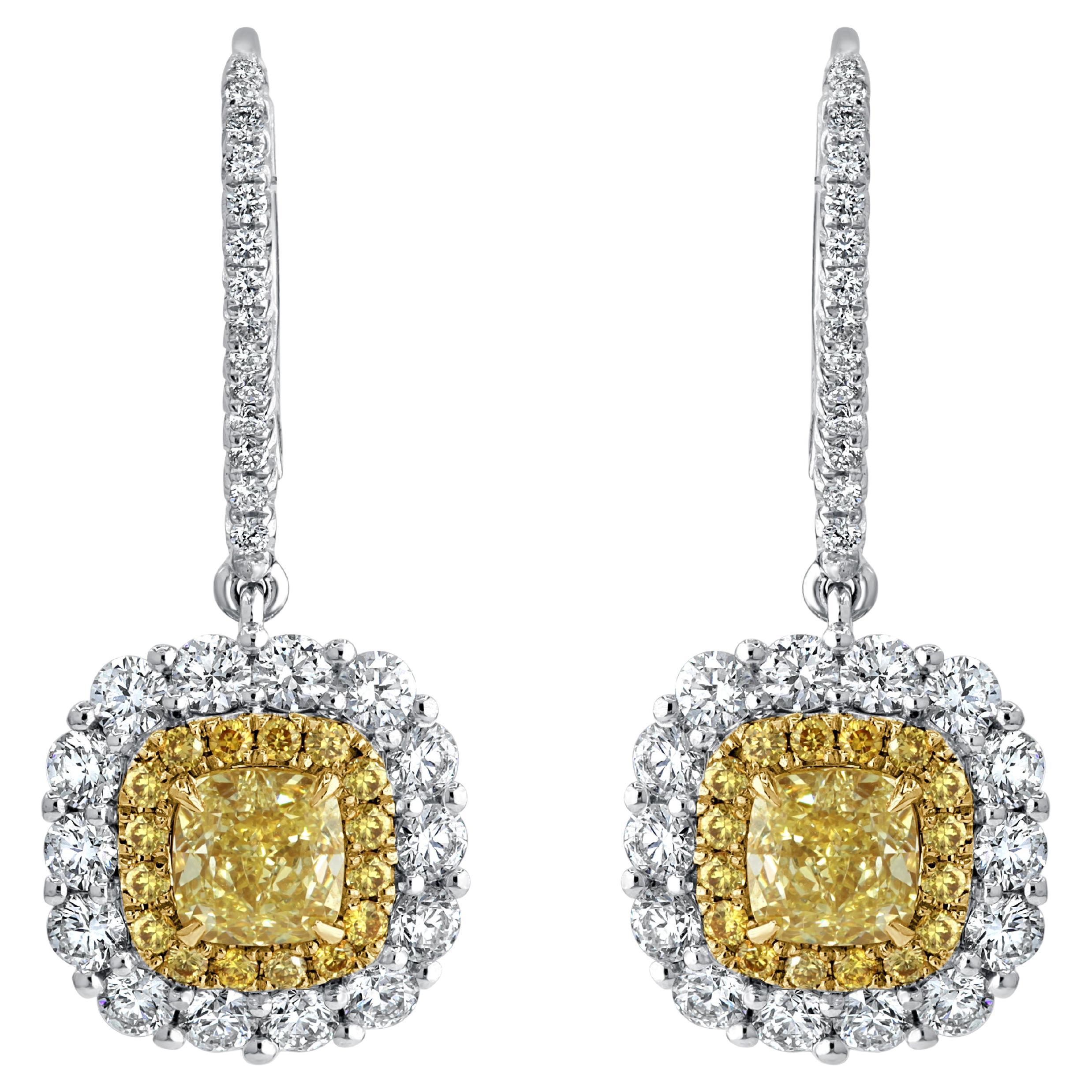 2.95 Carat T.W. Yellow/White Diamond Earrings, with 1.4ct GIA centers ref1163 For Sale