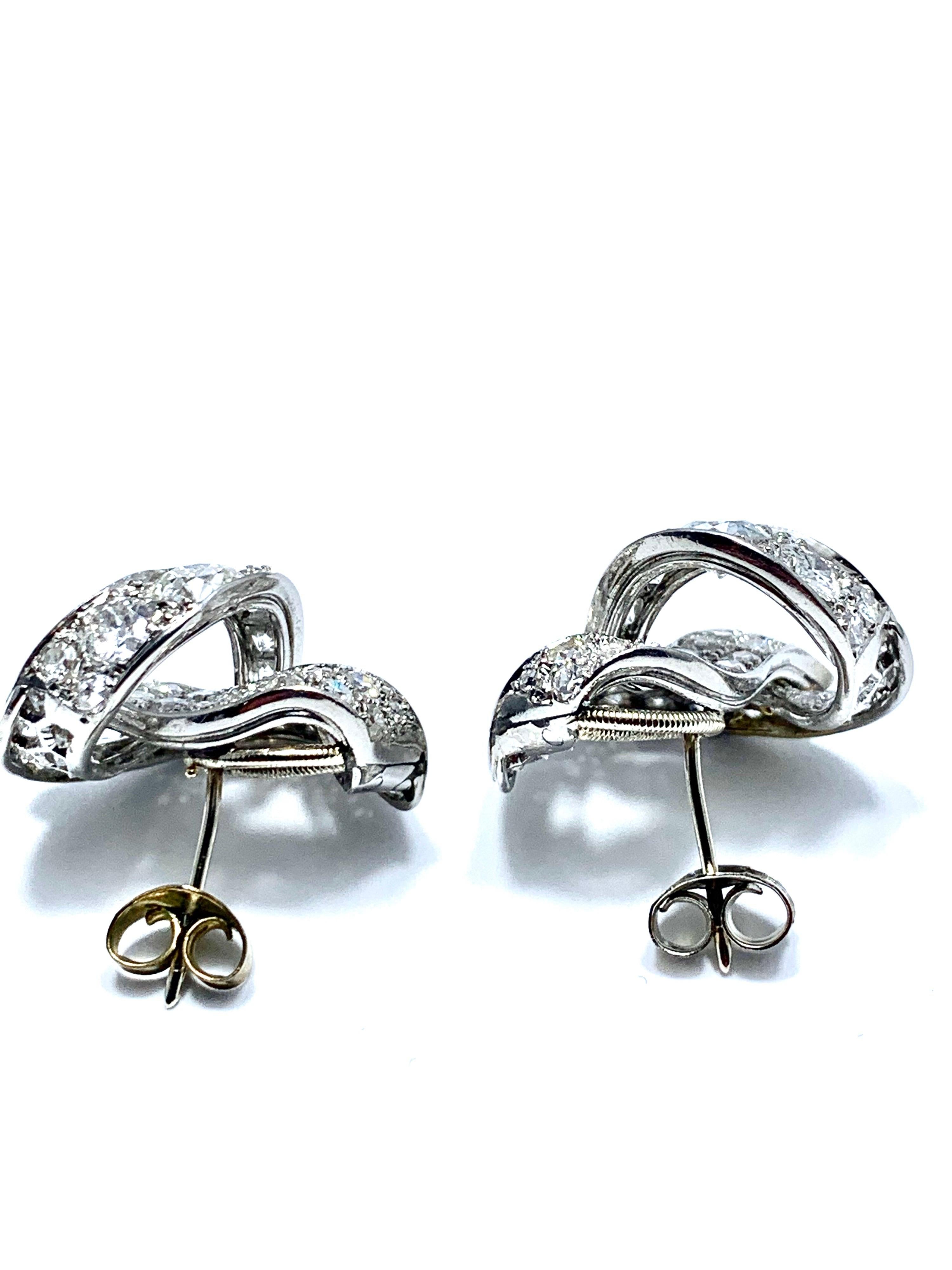 Art Deco 2.95 Carat Round Brilliant and Single Cut Diamond Twist Earrings For Sale