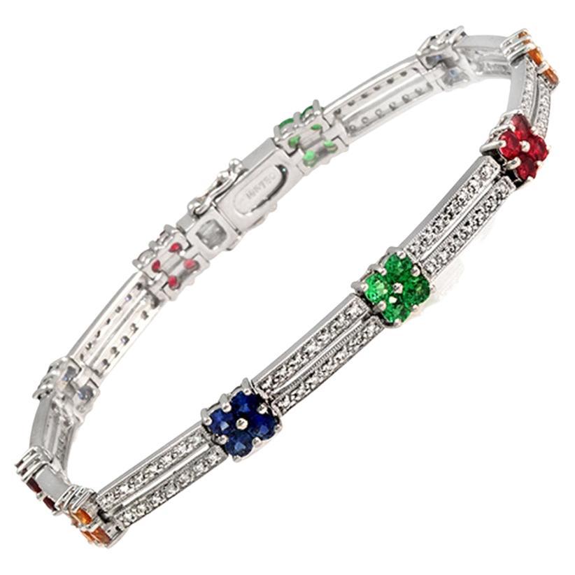 2.95 CT Multicolor Sapphires 0.82 CT Diamonds in 18K Gold White Bracelet For Sale