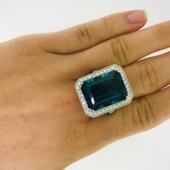 29.5 Emerald Cut London Royal Blue Topaz and 1 Carat Diamond Halo Cocktail Ring