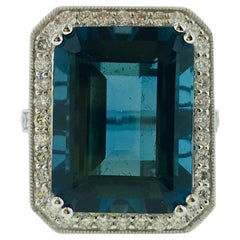 29.5 Emerald Cut London Royal Blue Topaz and 1 Carat Diamond Halo Cocktail Ring