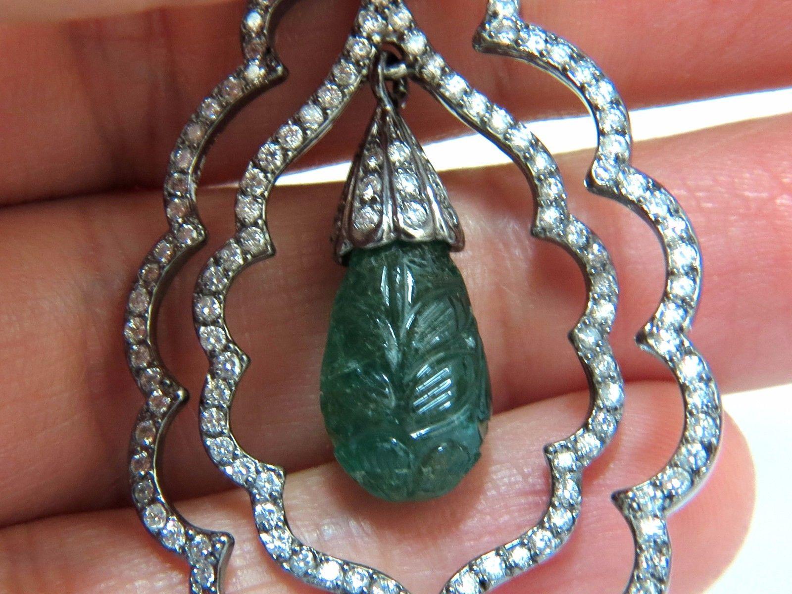 29.50 Carat Natural Carved Emeralds Diamonds Dangling Earrings Large Size In New Condition For Sale In New York, NY
