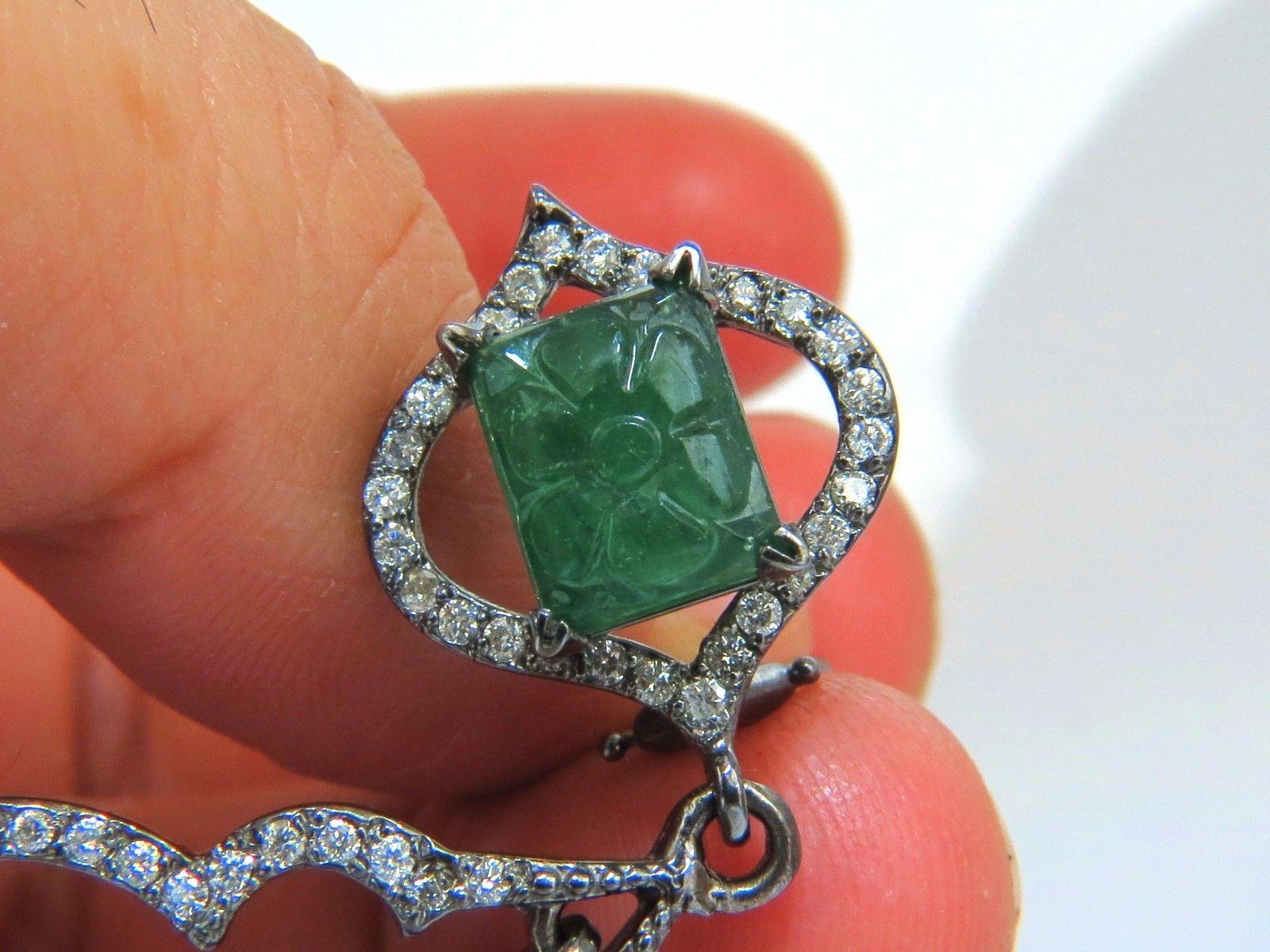 29.50 Carat Natural Carved Emeralds Diamonds Dangling Earrings Large Size For Sale 1