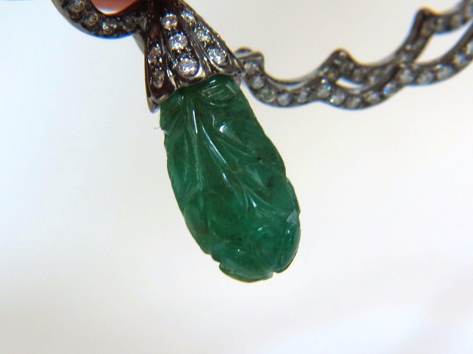 29.50 Carat Natural Carved Emeralds Diamonds Dangling Earrings Large Size For Sale 2
