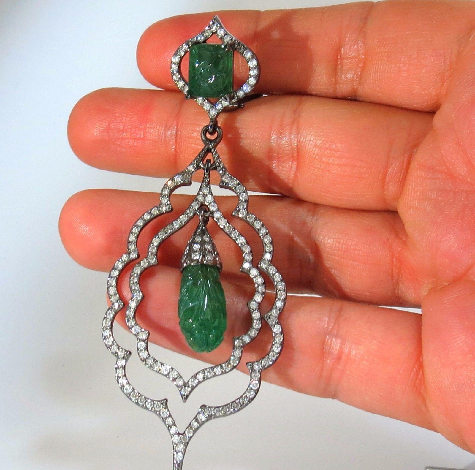 29.50 Carat Natural Carved Emeralds Diamonds Dangling Earrings Large Size For Sale 3