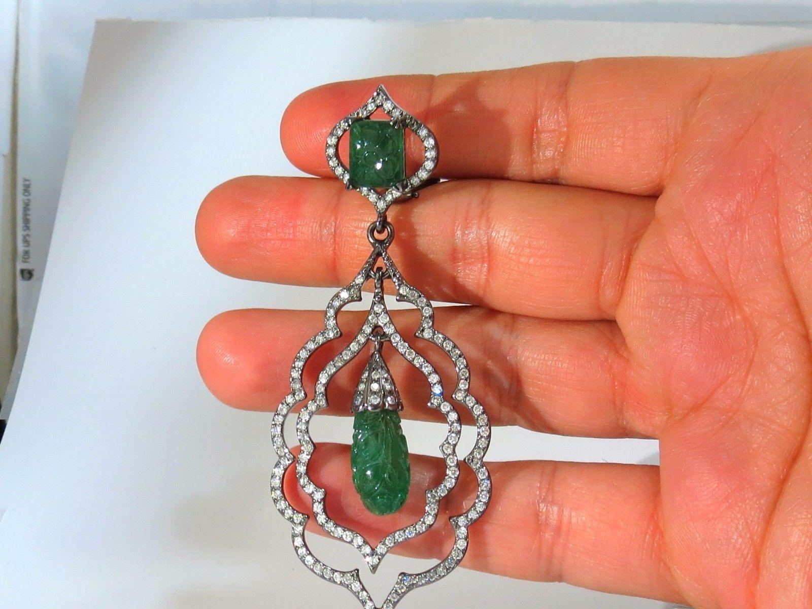 29.50 Carat Natural Carved Emeralds Diamonds Dangling Earrings Large Size For Sale 4