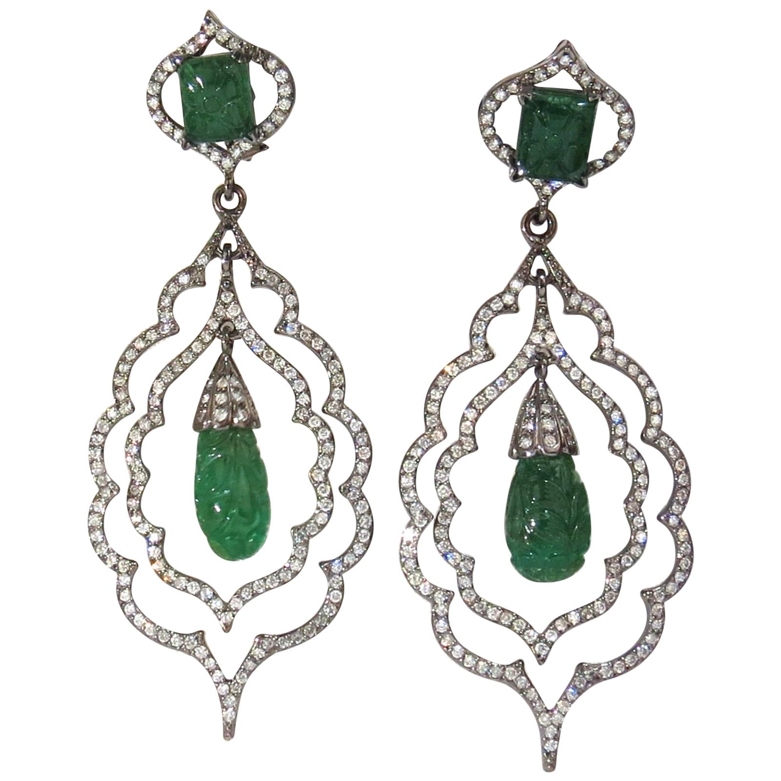 29.50 Carat Natural Carved Emeralds Diamonds Dangling Earrings Large Size