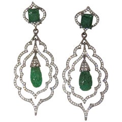 29.50 Carat Natural Carved Emeralds Diamonds Dangling Earrings Large Size*