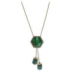 29.50 Carat Total Carved Emerald and Diamond Pendant Necklace in 18 Karat Gold 29.50 Carat Total Carved Emerald and Diamond Pendant Necklace in 18 Karat Gold