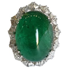 29.55 Carats, Natural Zambian Emerald Cabochon & Diamonds Engagement Dome Ring