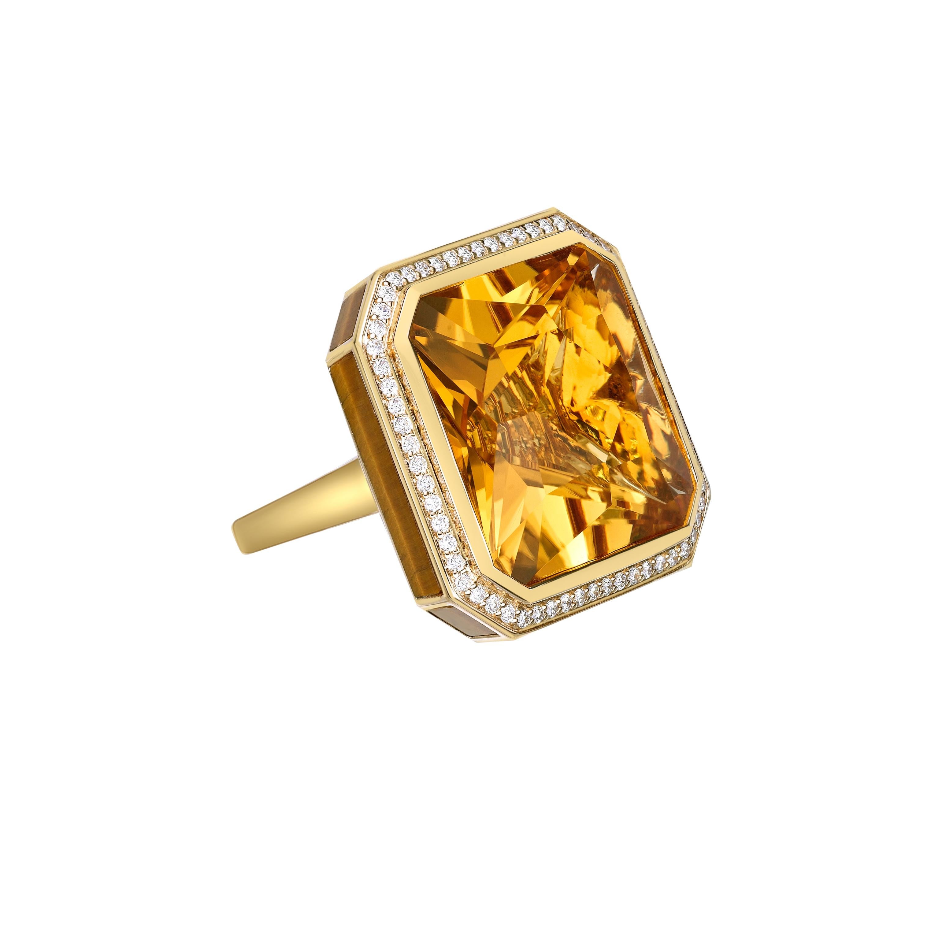 Contemporary 29.56 Carat Honey Quartz Fancy Ring in 18KYG with Tiger Eye, Garnet and Diamond. For Sale
