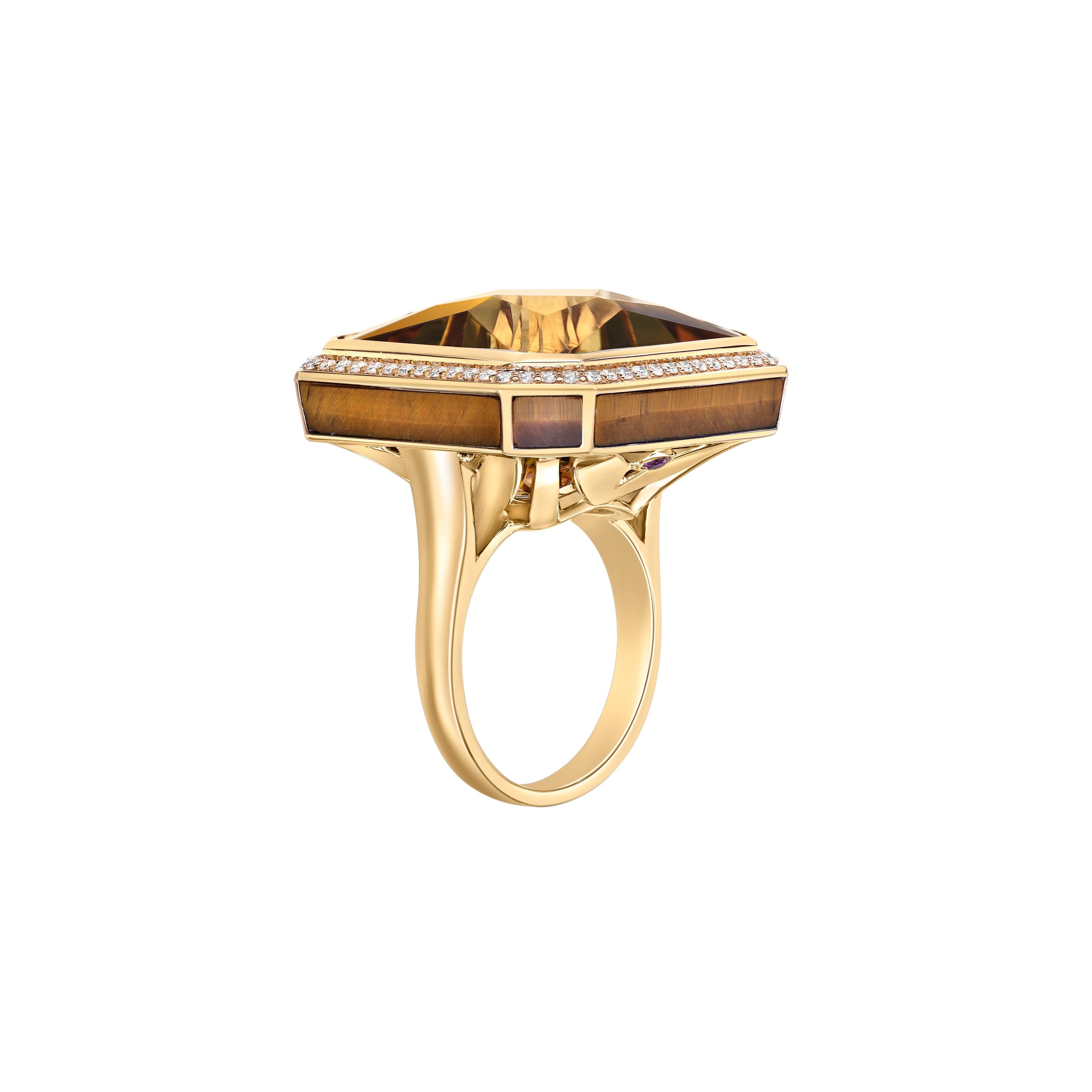 Octagon Cut 29.56 Carat Honey Quartz Fancy Ring in 18KYG with Tiger Eye, Garnet and Diamond. For Sale