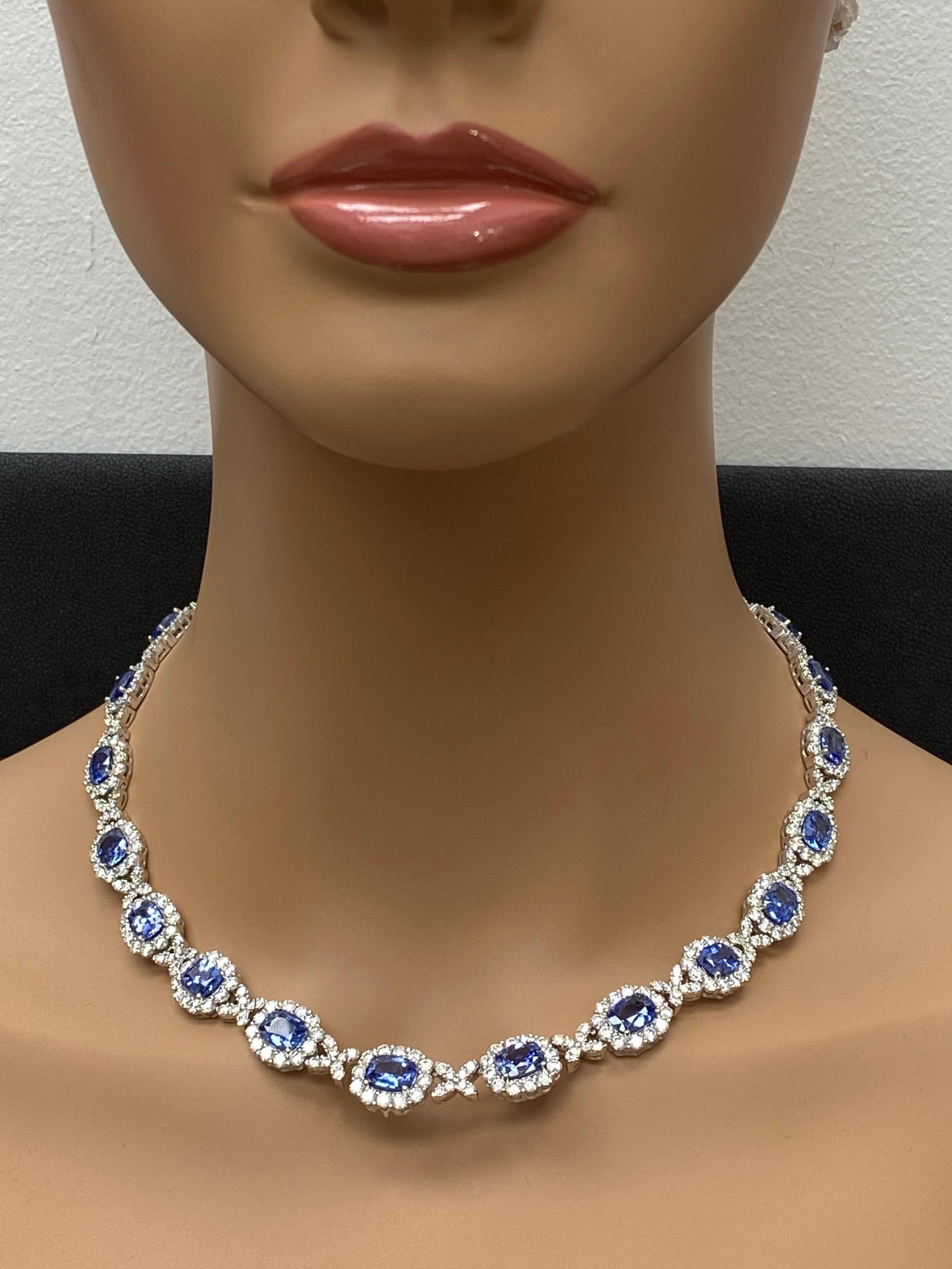 29.56 Carat Oval Cut Sapphire and Diamond Drop Necklace in 18K White Gold For Sale 4