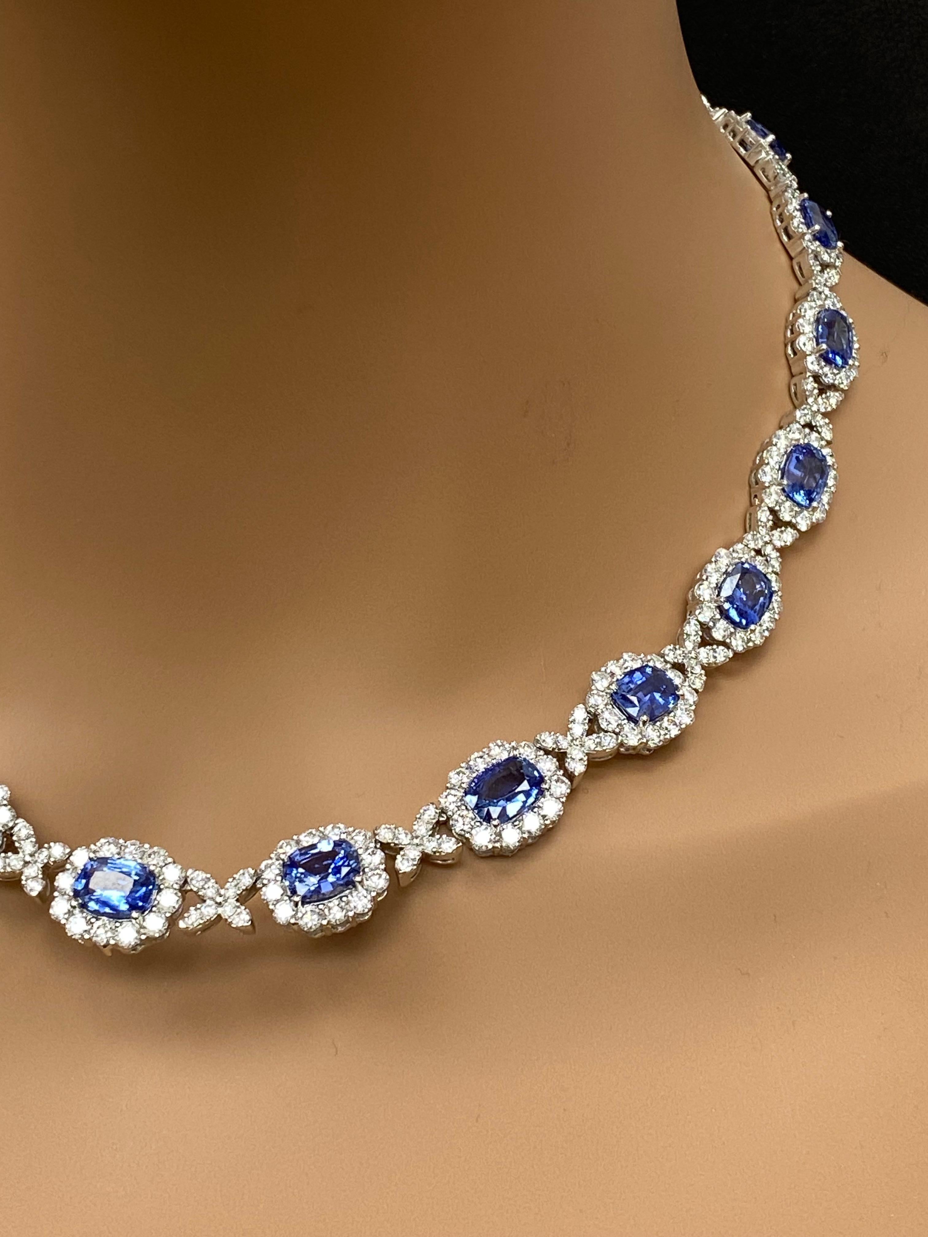 29.56 Carat Oval Cut Sapphire and Diamond Drop Necklace in 18K White Gold For Sale 5