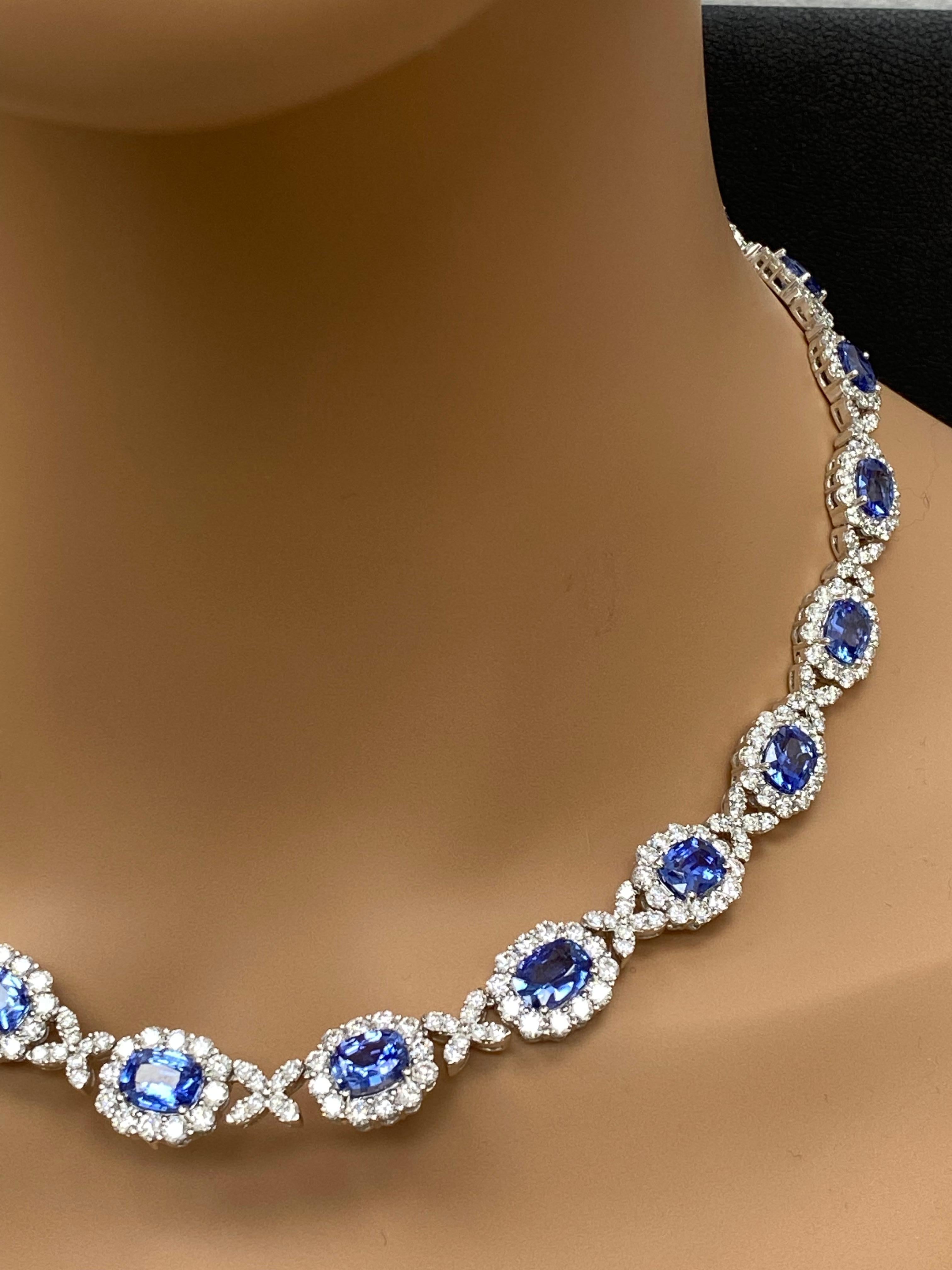 29.56 Carat Oval Cut Sapphire and Diamond Drop Necklace in 18K White Gold For Sale 6