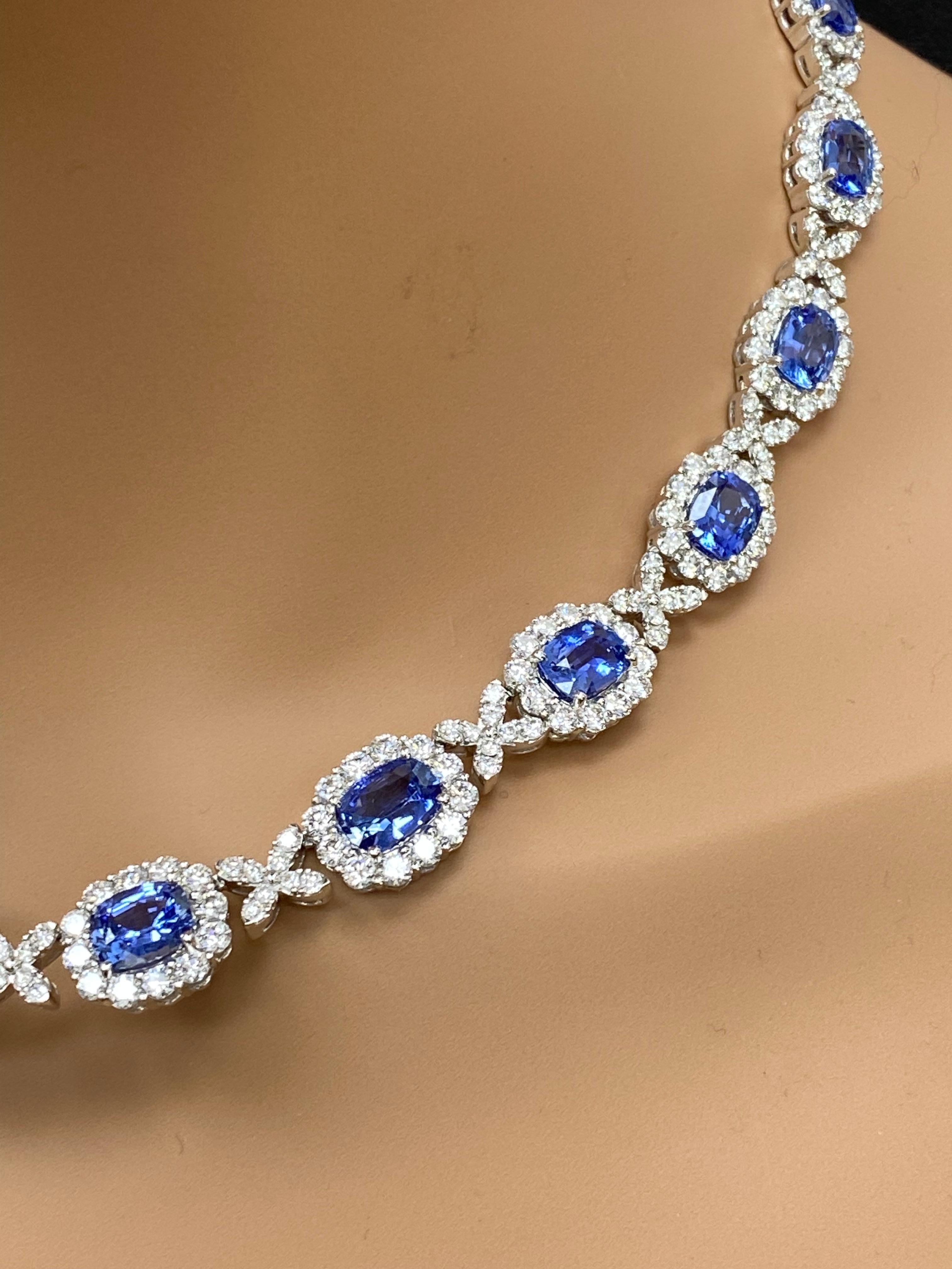 29.56 Carat Oval Cut Sapphire and Diamond Drop Necklace in 18K White Gold For Sale 7