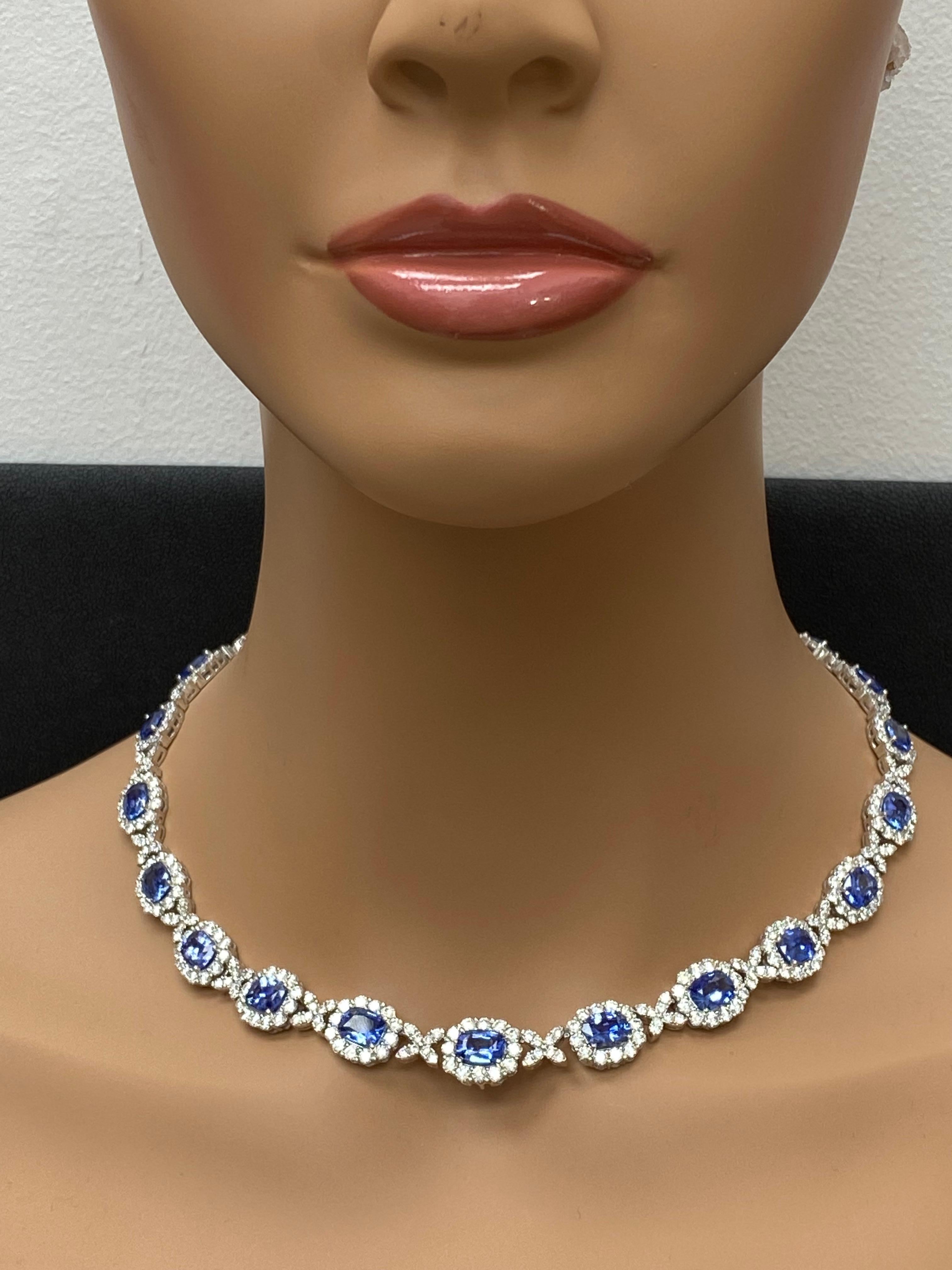 29.56 Carat Oval Cut Sapphire and Diamond Drop Necklace in 18K White Gold For Sale 10