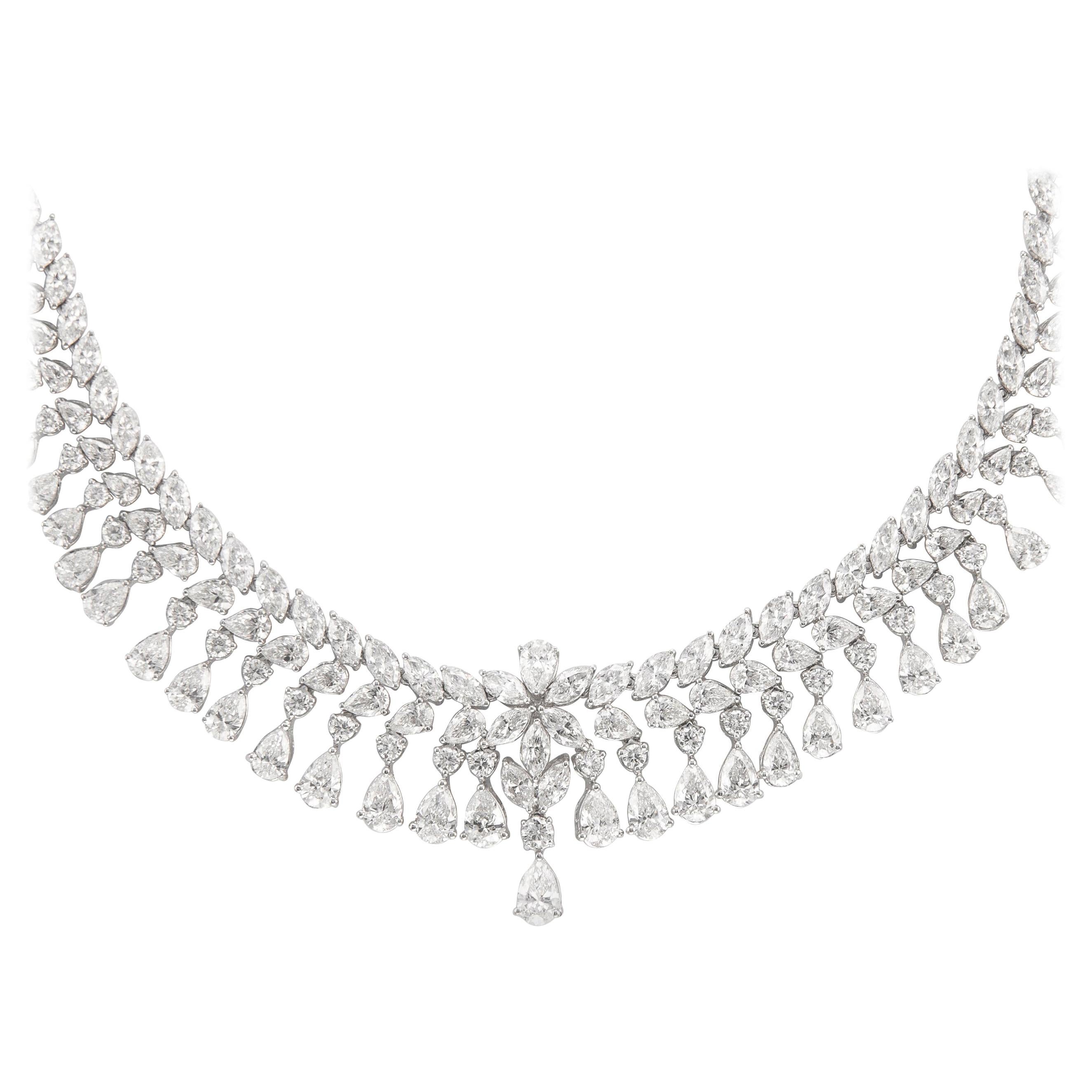 29.58 Carat Pear, Marquise, and Round Diamonds 18 Karat White Gold Necklace For Sale