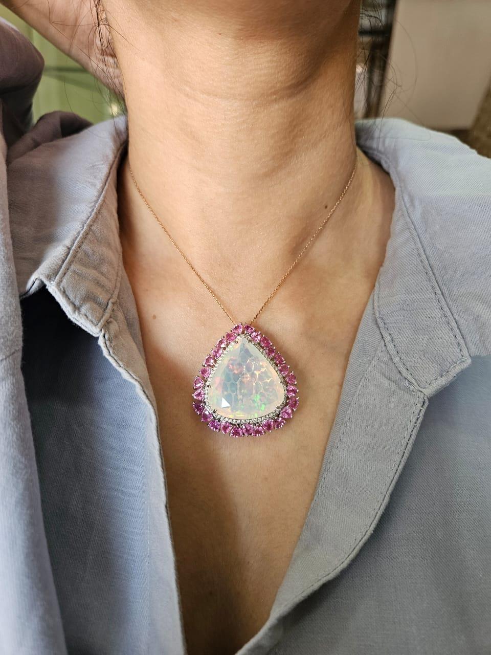Bague cocktail/ collier pendentif d'opale éthiopienne 29,59 carats, saphir rose et diamants en vente 4